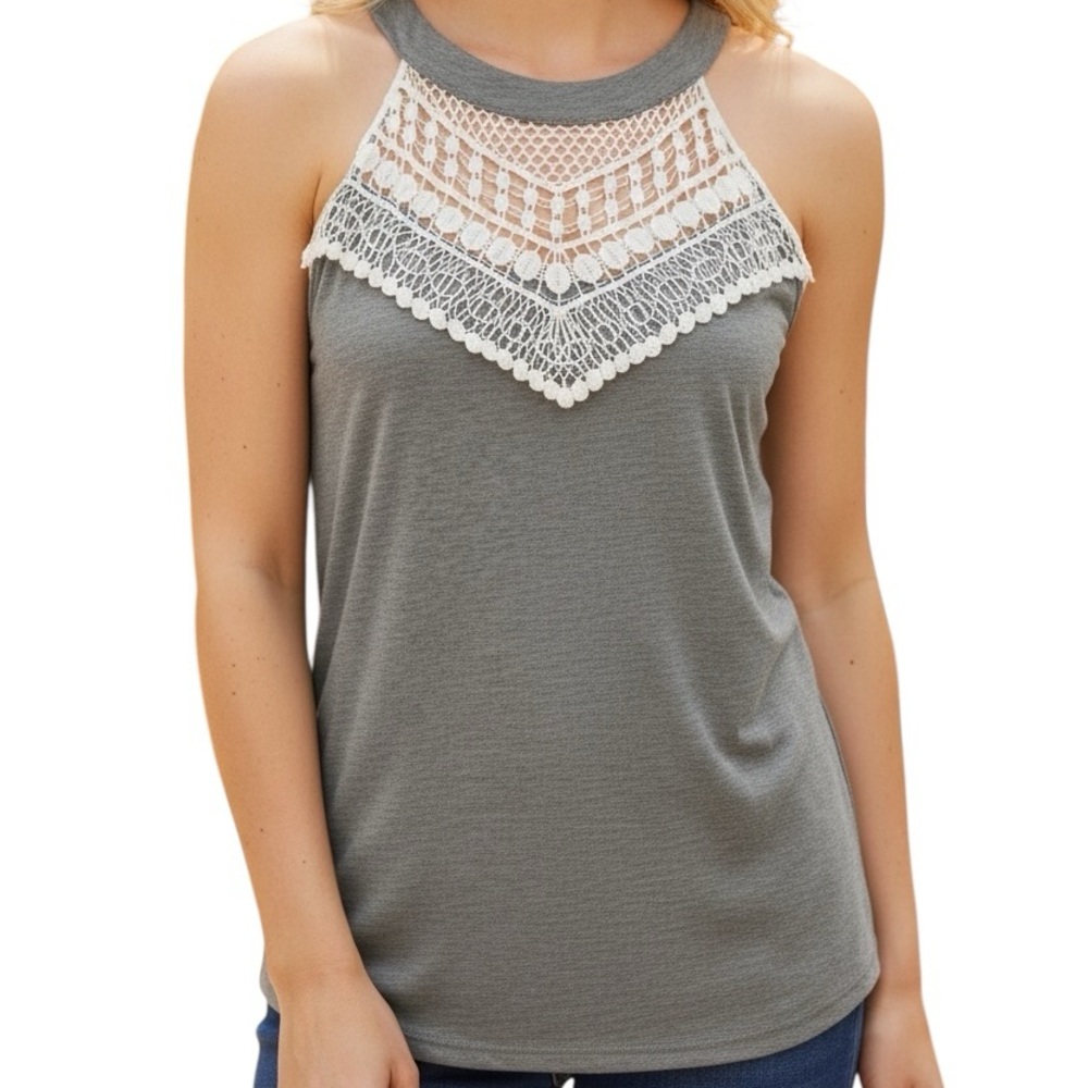 Angashion Tank Top Heather Gray White Lace Halter Size Medium